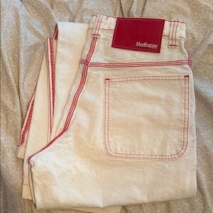RARE Madhappy Women's Cream Jeans with Red Contrast Stitching